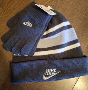 Brand New Nike Kid's Blue and White Gloves and Beanie Set